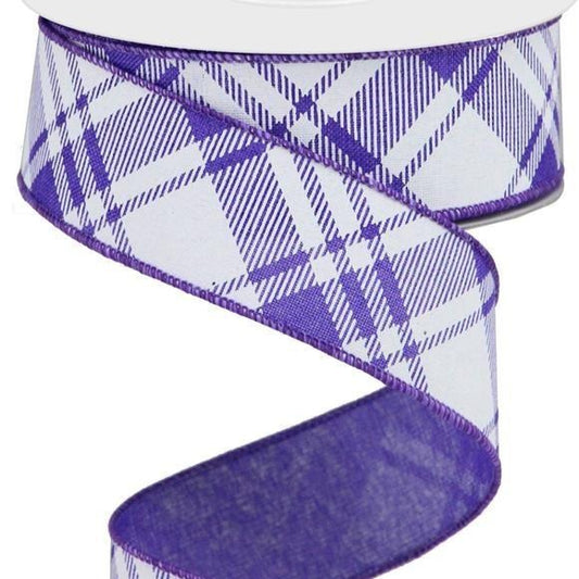 Wired Ribbon * Diagonal Stripe/Multi Check * Purple and White * 1.5" x 10 Yards * RGA127623  * Canvas
