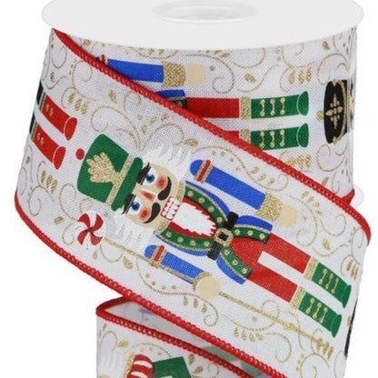 Wired Ribbon * Christmas Nutcrackers * 2.5" x 10 Yards * White, Gold, Black, Red, Emerald and Blue Canvas  RGA134327