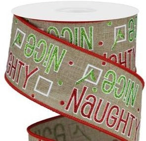 Wired Ribbon * Glitter Naughty or Nice * Lt. Beige, Red, Green & White  * 2.5" x 10 Yards  Canvas * RGA134501