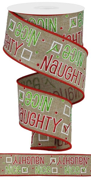 Wired Ribbon * Glitter Naughty or Nice * Lt. Beige, Red, Green & White  * 2.5" x 10 Yards  Canvas * RGA134501