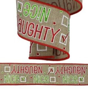 Wired Ribbon * Glitter Naughty or Nice * Lt. Beige, Red, Green & White  * 2.5" x 10 Yards  Canvas * RGA134501