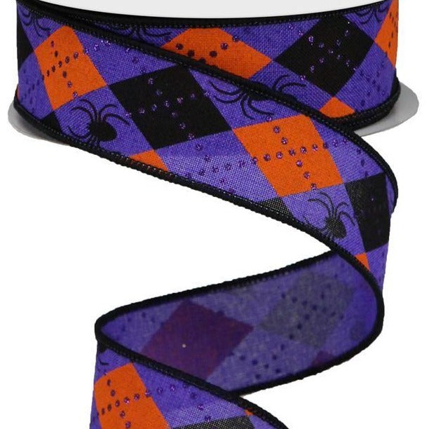 Wired Ribbon * Argyle Spiders * Purple, Orange and Black Canvas * 1.5" x 10 Yards * RGA134923