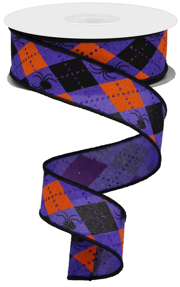 Wired Ribbon * Argyle Spiders * Purple, Orange and Black Canvas * 1.5" x 10 Yards * RGA134923