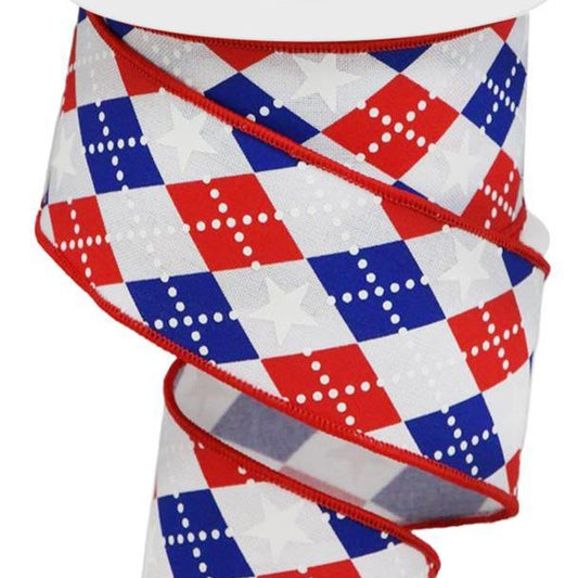 Wired Ribbon * Patriotic Argyle Stars * Red, White and Blue Canvas * 2.5" x 10 Yards * RGA135927