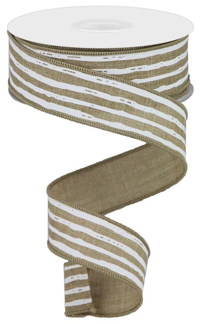 Wired Ribbon * Irregular Stripes * Lt. Beige and White Canvas * 1.5" x 10 Yards * RGA138101