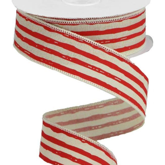 Wired Ribbon * Irregular Stripes * Cream and Red Canvas * 1.5" x 10 Yards * RGA1381HC