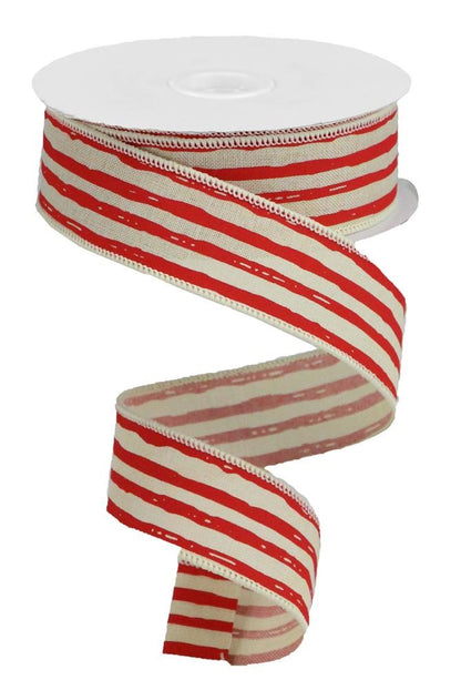 Wired Ribbon * Irregular Stripes * Cream and Red Canvas * 1.5" x 10 Yards * RGA1381HC