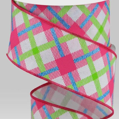 Wired Ribbon * Printed Plaid * White, Lime, Hot Pink and Blue * 2.5" x 10 Yards  Canvas * RGA143327