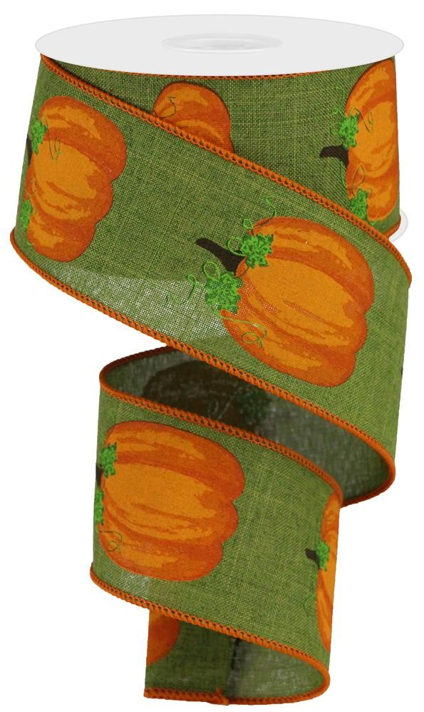 Wired Ribbon * Pumpkins With Leaves * Moss Green, Orange and Brown Canvas * 2.5" x 10 Yards * RGA147136