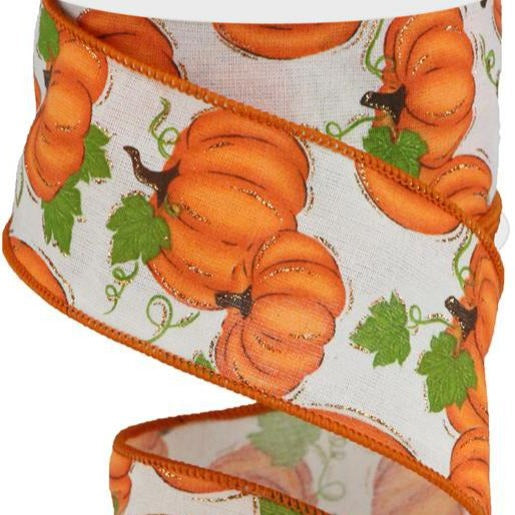 Wired Ribbon * Pumpkin Patch * Off White, Orange and Moss * 2.5" x 10 Yards Canvas * RGA147733