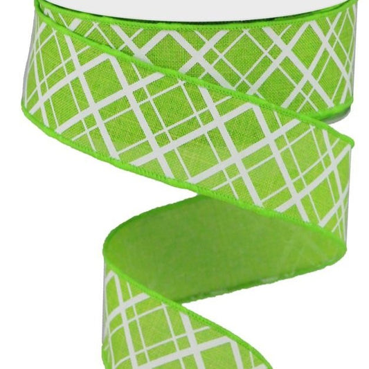 Wired Ribbon * Thick and Thin Diagonal Check * Lime and White * 1.5" x 10 Yards Royal Canvas * RGA150533