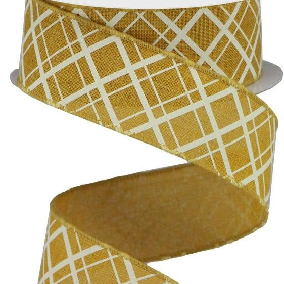 Wired Ribbon * Thick and Thin Diagonal Check * Mustard and Ivory * 1.5" x 10 Yards Royal Canvas * RGA15058M