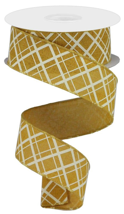 Wired Ribbon * Thick and Thin Diagonal Check * Mustard and Ivory * 1.5" x 10 Yards Royal Canvas * RGA15058M