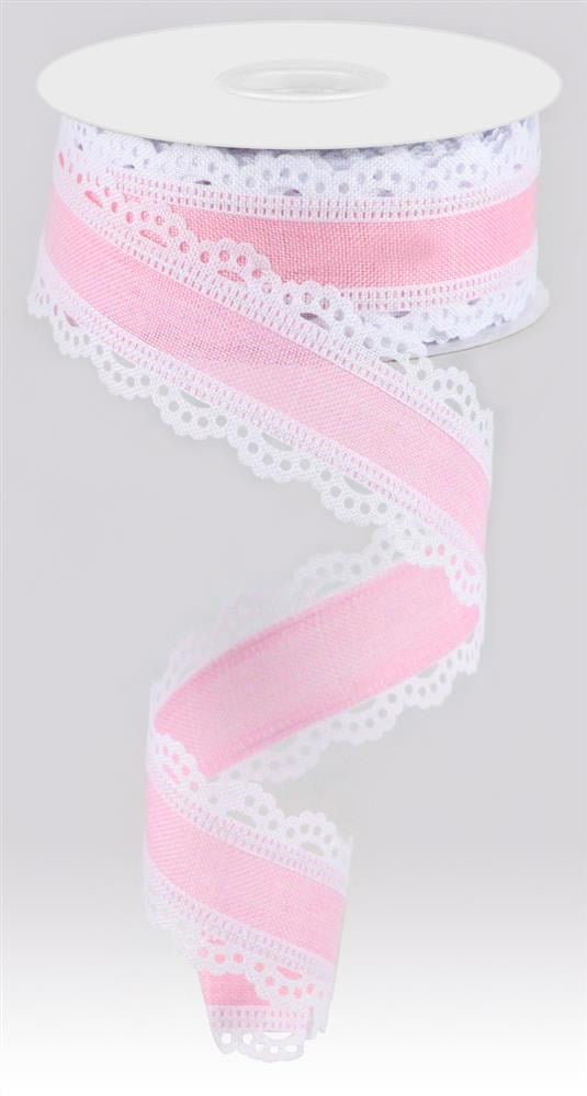 Wired Ribbon * Scalloped Edge * Light Pink and White Canvas * 1.5" x 10 Yards * RGA154115