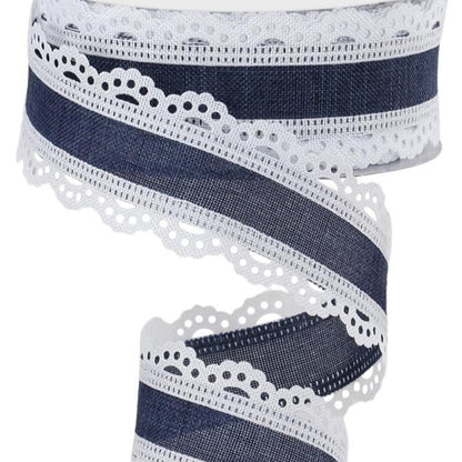 Wired Ribbon * Scalloped Edge * Navy Blue and White Canvas * 1.5" x 10 Yards * RGA154119