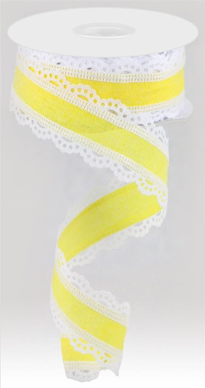 Wired Ribbon * Scalloped Edge * Yellow and White Canvas * 1.5" x 10 Yards * RGA154129