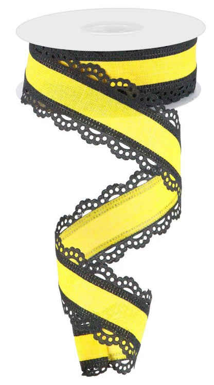 Wired Ribbon * Scalloped Edge * Sun Yellow and Black Canvas * 1.5" x 10 Yards * RGA154157