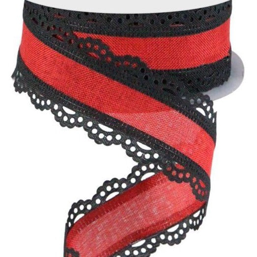 Wired Ribbon * Scalloped Edge * Red and Black Canvas * 1.5" x 10 Yards * RGA1541A9