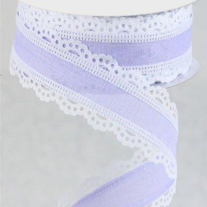 Wired Ribbon * Scalloped Edge * Light Lavender and White Canvas * 1.5" x 10 Yards * RGA1541NR