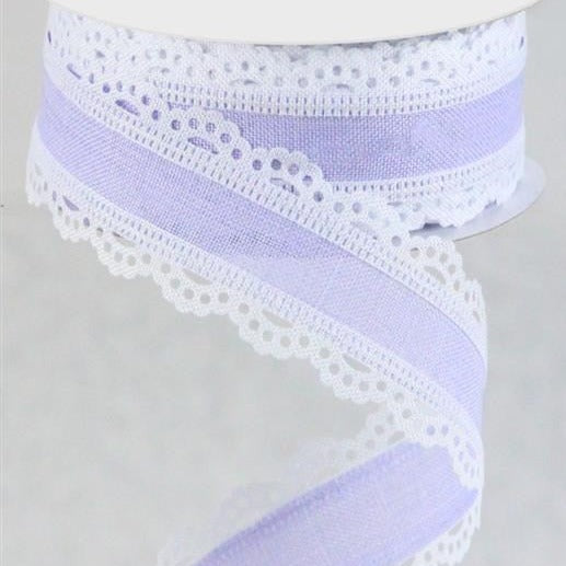 Wired Ribbon * Scalloped Edge * Light Lavender and White Canvas * 1.5" x 10 Yards * RGA1541NR