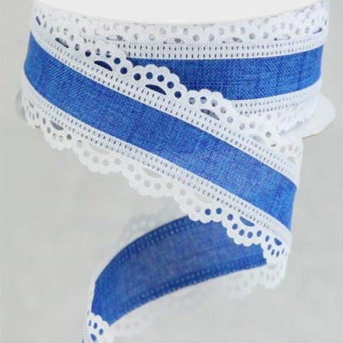 Wired Ribbon * Scalloped Edge * Royal Blue and White Canvas * 1.5" x 10 Yards * RGA1541WR