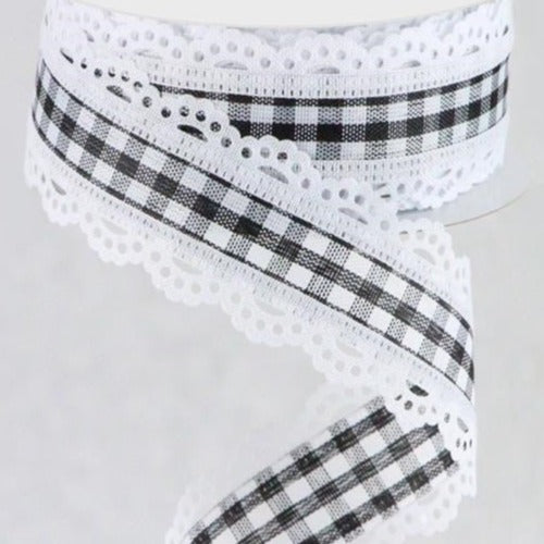 Wired Ribbon * Scalloped Edge * Black and White Gingham Canvas * 1.5" x 10 Yards * RGA154302