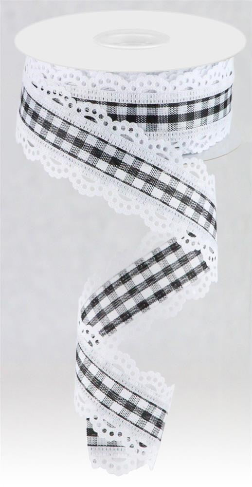 Wired Ribbon * Scalloped Edge * Black and White Gingham Canvas * 1.5" x 10 Yards * RGA154302