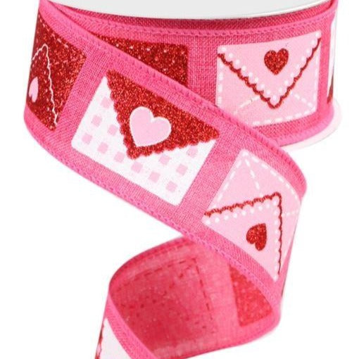 Wired Ribbon * Valentine * Glitter Love Letters * Hot Pink, White, Red and Pink Canvas * 1.5" x 10 Yards * RGA159611