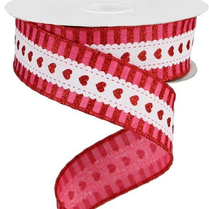 Wired Ribbon * Hearts With Stripe Border on Canvas * Hot Pink, Red and White * 1.5" x 10 Yards * RGA163411