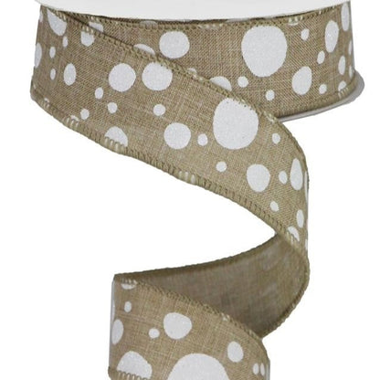 Wired Ribbon * Irregular Dots * Lt. Beige, White and Iridescent Glitter  Canvas * 1.5" x 10 Yards * RGA166501