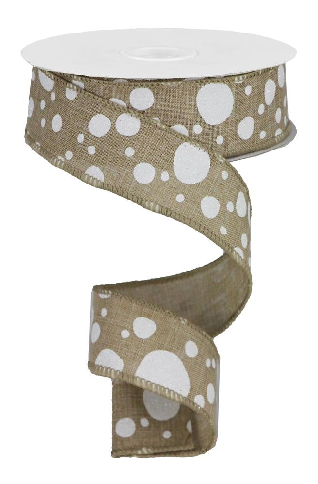 Wired Ribbon * Irregular Dots * Lt. Beige, White and Iridescent Glitter  Canvas * 1.5" x 10 Yards * RGA166501