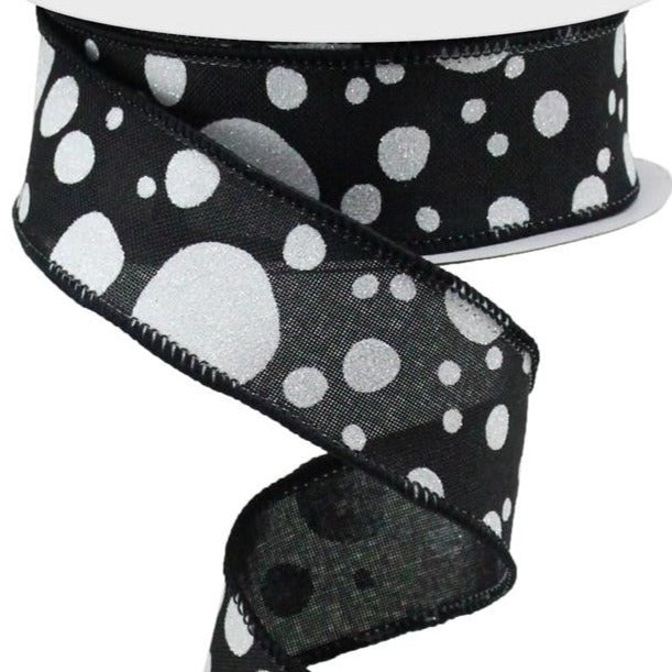 Wired Ribbon * Irregular Dots * Black, White and Iridescent Glitter * Canvas * 1.5" x 10 Yards * RGA166502