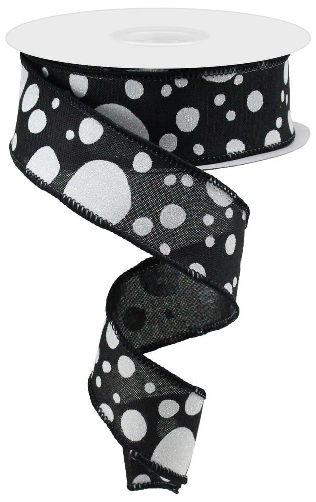 Wired Ribbon * Irregular Dots * Black, White and Iridescent Glitter * Canvas * 1.5" x 10 Yards * RGA166502