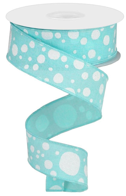 Wired Ribbon * Irregular Dots * Ice Blue, White and Iridescent Glitter  Canvas * 1.5" x 10 Yards * RGA16654N