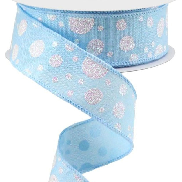 Wired Ribbon * Irregular Dots * Pale Blue, White and Iridescent Glitter  Canvas * 1.5" x 10 Yards * RGA166814