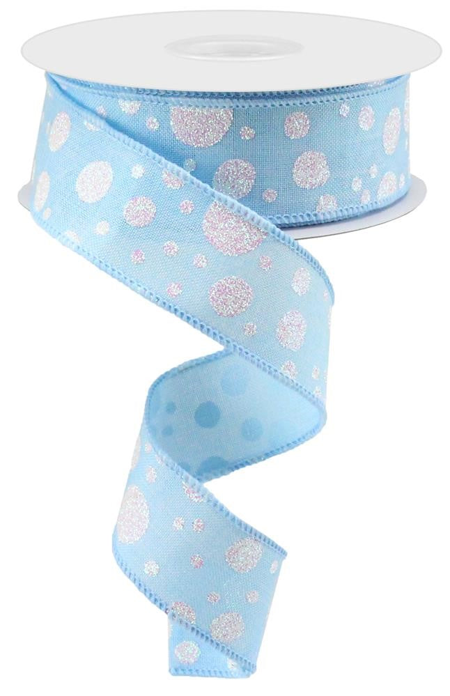 Wired Ribbon * Irregular Dots * Pale Blue, White and Iridescent Glitter  Canvas * 1.5" x 10 Yards * RGA166814