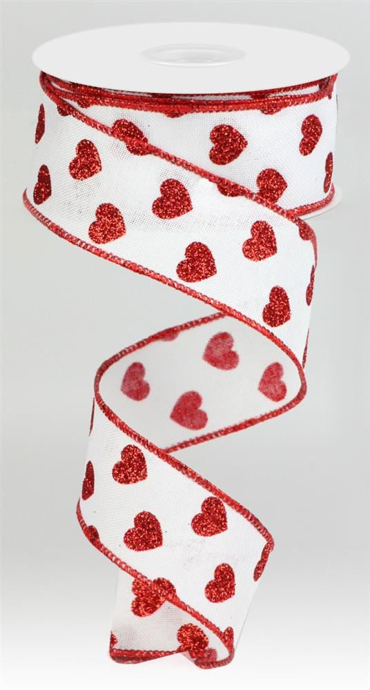 Wired Ribbon * Small Glitter Hearts * Red and White * 1.5" x 10 Yards * Canvas * RGA173727