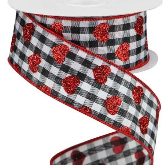 Wired Ribbon * Glitter Hearts Gingham Check * Black, White and Red * 1.5" x 10 Yards * RGA1740X6  * Canvas