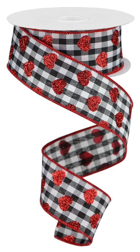 Wired Ribbon * Glitter Hearts Gingham Check * Black, White and Red * 1.5" x 10 Yards * RGA1740X6  * Canvas