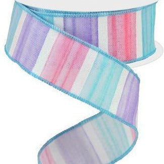 Wired Ribbon * Watercolor Stripes * Blue, Pink, Lavender and White Canvas * 1.5" x 10 Yards * RGA1764C2