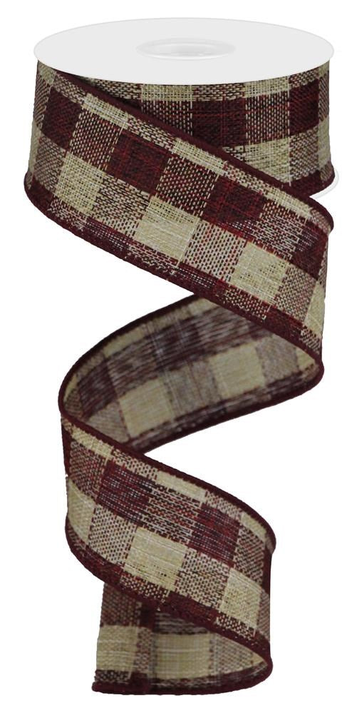 Wired Ribbon * Woven Check Canvas * Burgundy and Beige  * 1.5" x 10 Yards * RGA176905