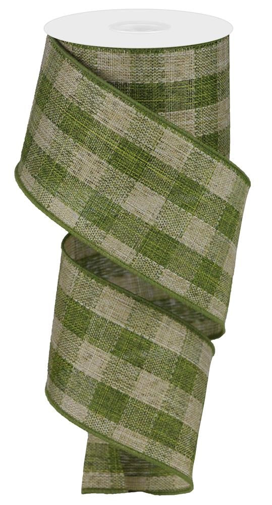 Wired Ribbon * Woven Check Canvas * Moss and Beige  * 2.5" x 10 Yards * RGA177052