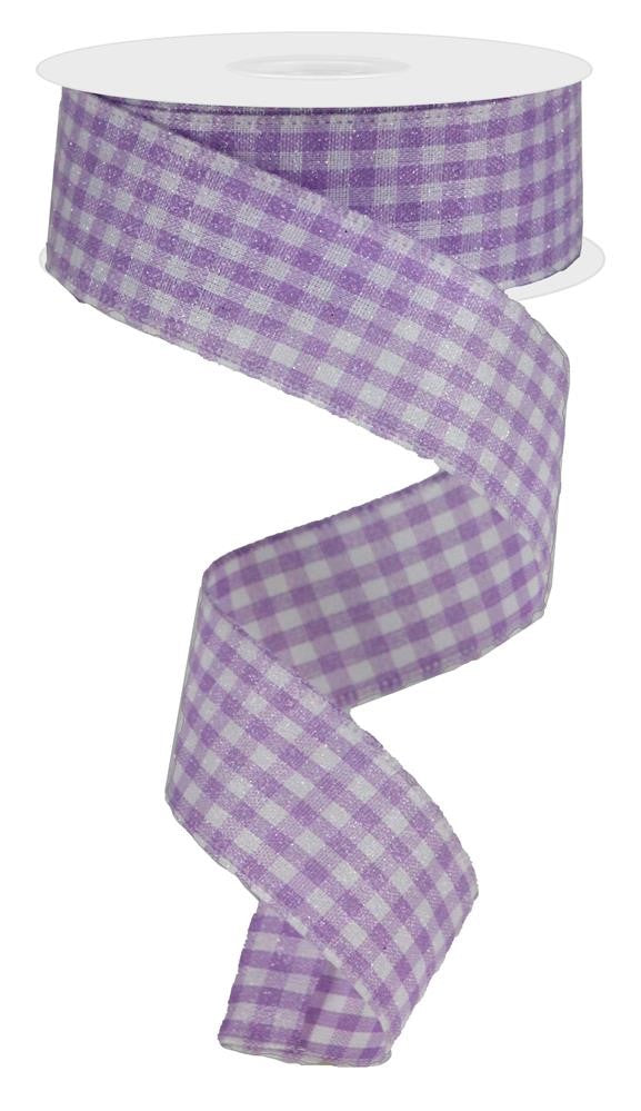 Wired Ribbon * Glitter Gingham Check * Lavender and White Canvas * 1.5" x 10 Yards * RGA179613