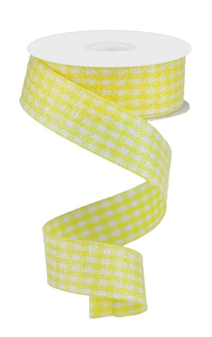 Wired Ribbon * Glitter Gingham Check * Yellow and White Canvas * 1.5" x 10 Yards * RGA179629