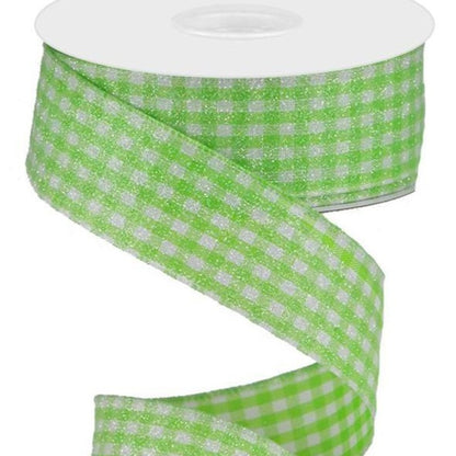 Wired Ribbon * Glitter Gingham Check * Lime Green and White Canvas * 1.5" x 10 Yards * RGA179633