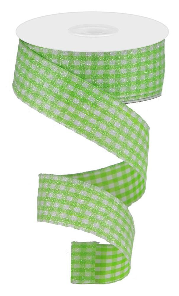 Wired Ribbon * Glitter Gingham Check * Lime Green and White Canvas * 1.5" x 10 Yards * RGA179633