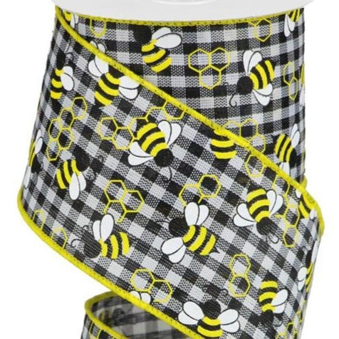 Wired Ribbon * Mini Bumblebees On Gingham Check * White, Yellow and Black Canvas * 2.5" x 10 Yards * RGA183657