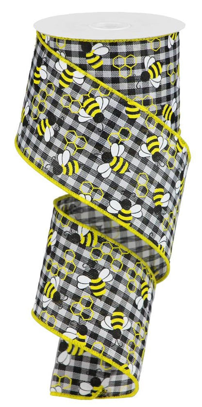 Wired Ribbon * Mini Bumblebees On Gingham Check * White, Yellow and Black Canvas * 2.5" x 10 Yards * RGA183657