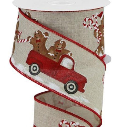 Wired Ribbon * Gingerbread Man with Red Truck * Natural, Brown, Red and Black * 2.5" x 10 Yards * RGA1838NF * Canvas