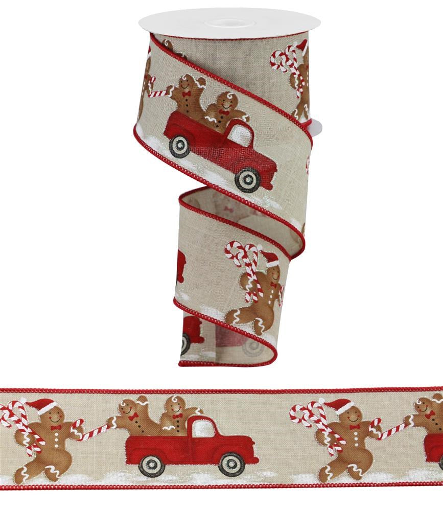 Wired Ribbon * Gingerbread Man with Red Truck * Natural, Brown, Red and Black * 2.5" x 10 Yards * RGA1838NF * Canvas